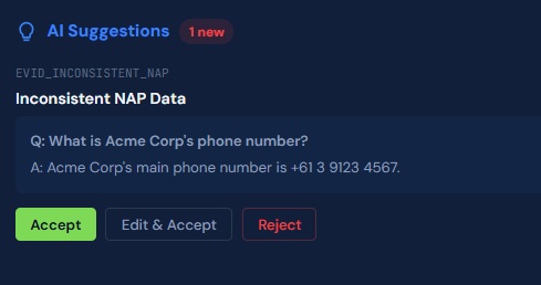 AI Suggestions showing clarification for inconsistent NAP data