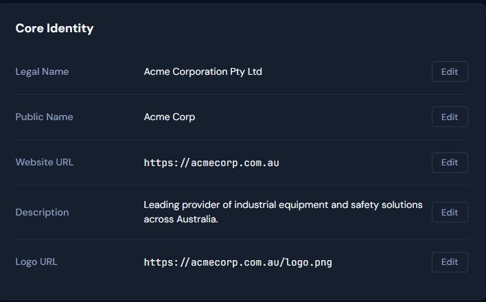 Core Identity configuration showing business details